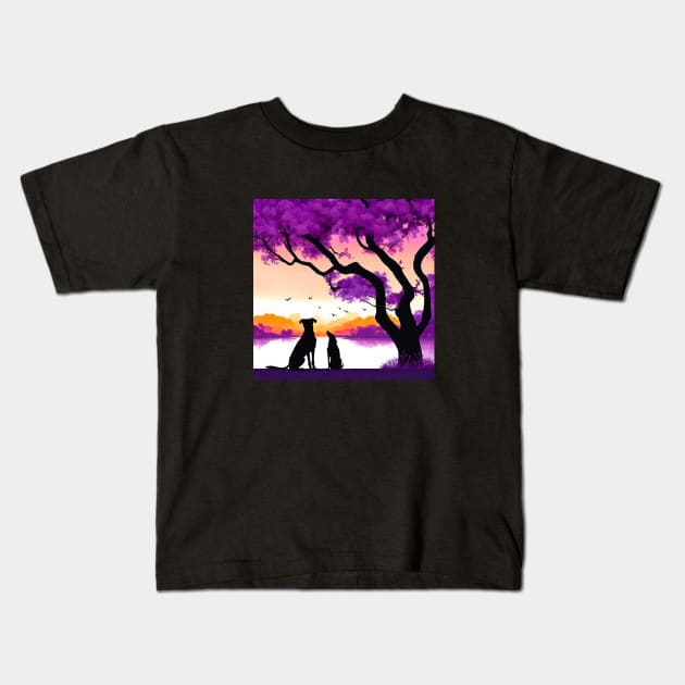 Dog Best Pals Under a Jacaranda Tree Kids T-Shirt by Doodle and Things